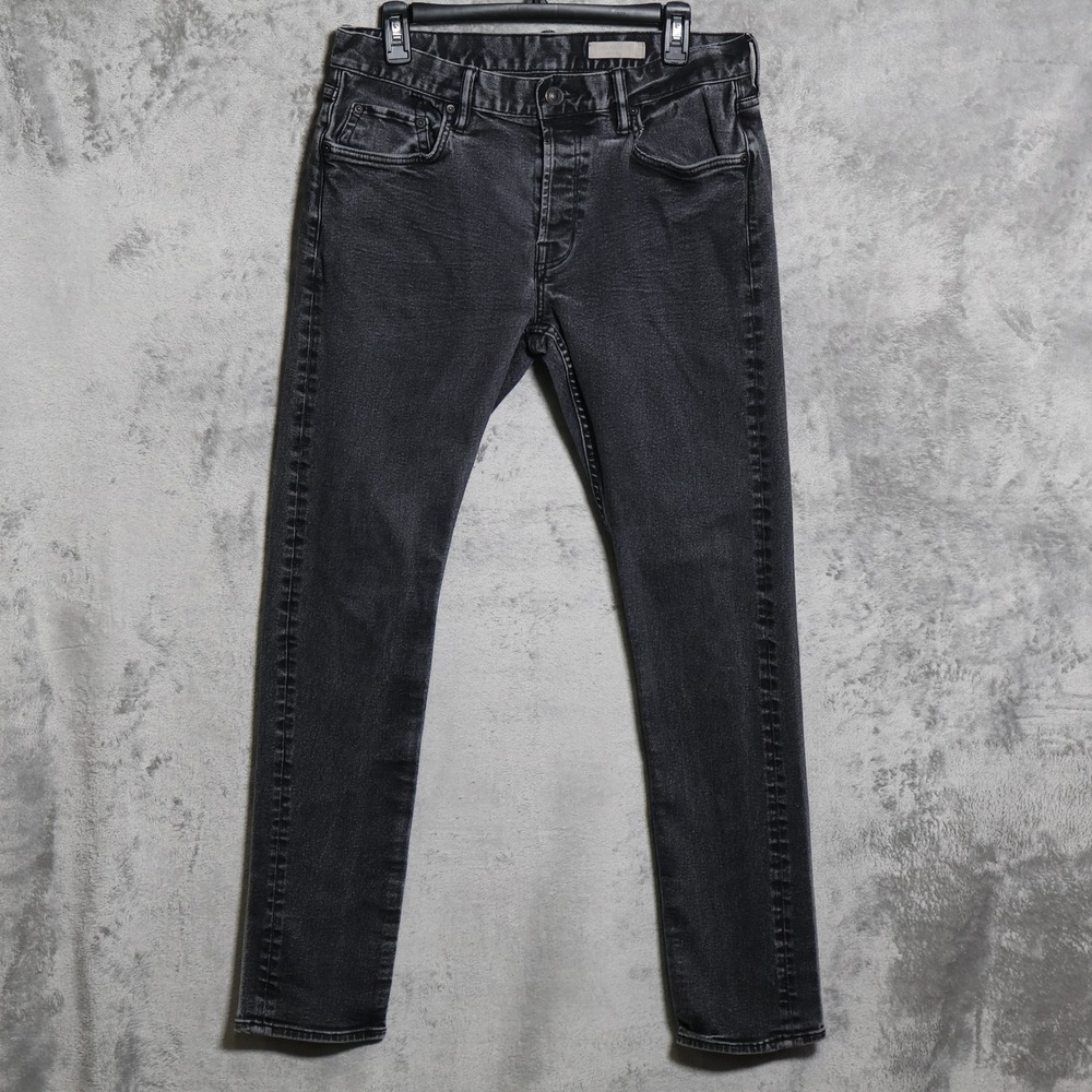 AllSaints Rex Slim Jeans Mens 32x30 Black Washed Button Fly Stretch Whiskering